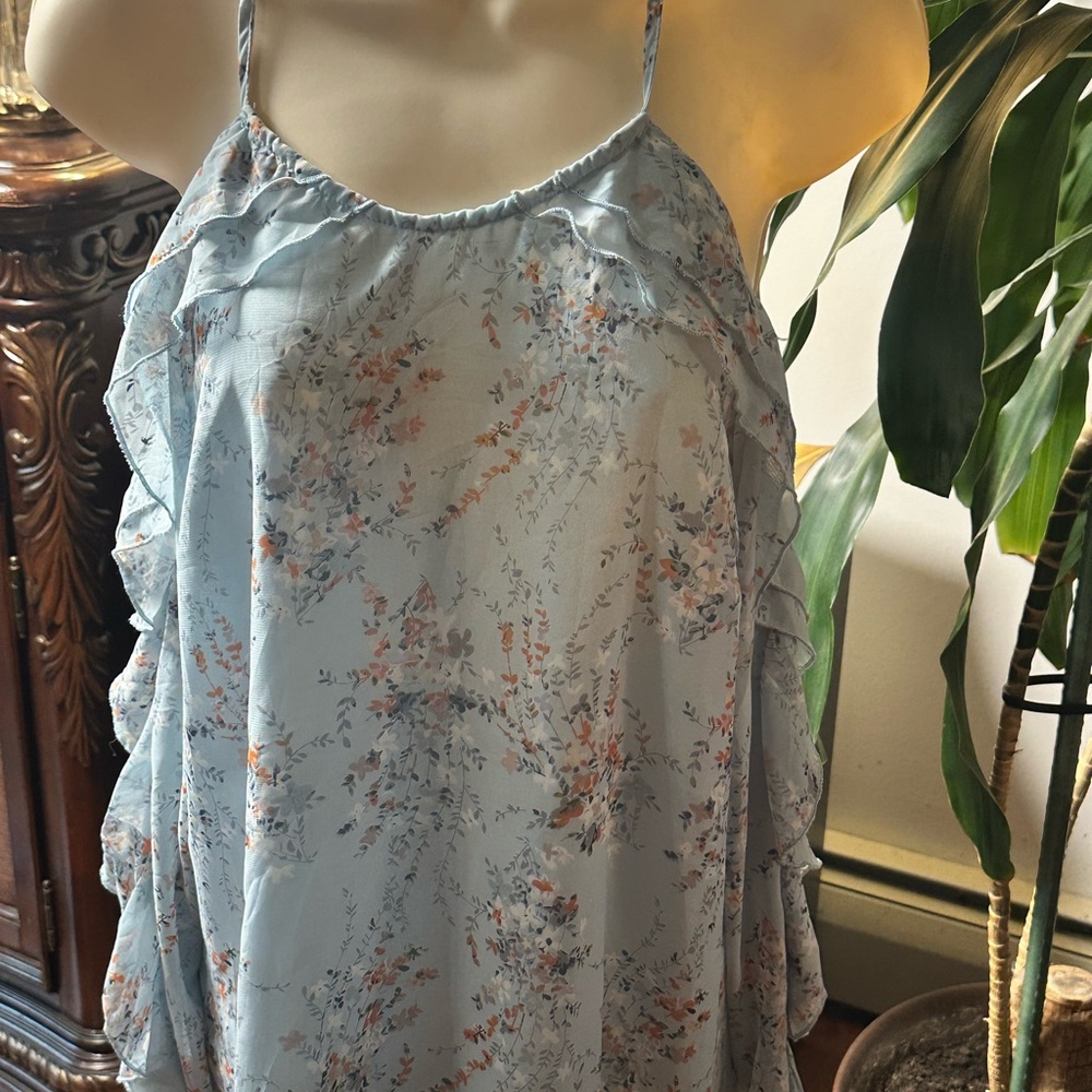 Essue Blue Floral Spaghetti oof shoulder full sleeve Blouse